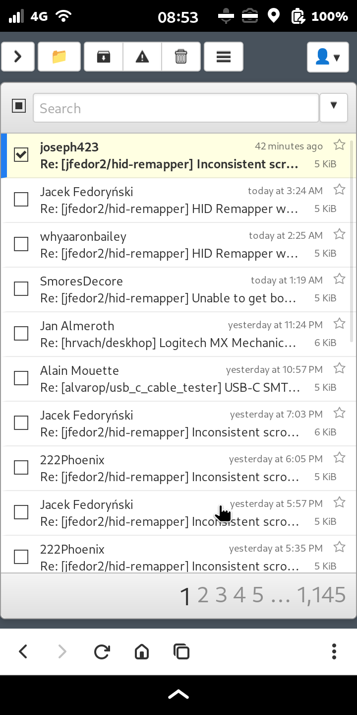 screenshot taken on Librem5 running tangram:snappymail showing the list of emails in a folder